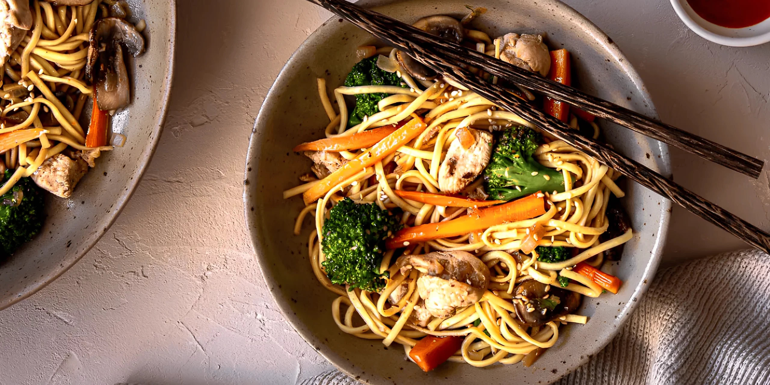 Wok de nouilles sautées caramélisées au gingembre et protéines au choix